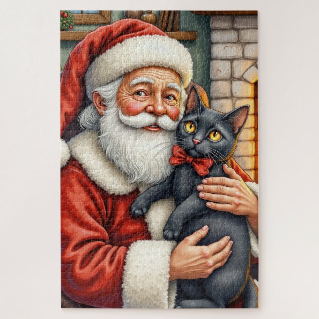 Quebra-cabeça Santa Claus Holding Black Cat Christmas Art (Vertical)