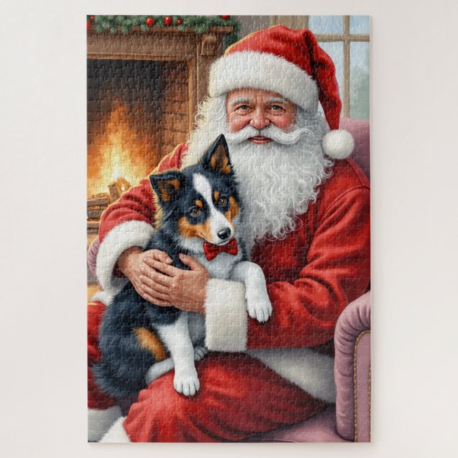 Quebra-cabeça Santa Claus Holding Border Collie Christmas Art (Vertical)
