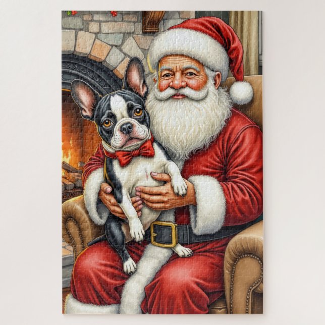 Quebra-cabeça Santa Claus Holding Boston Terrier Christmas Art (Vertical)