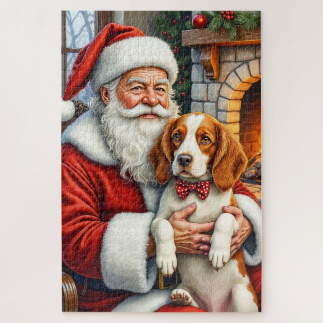 Quebra-cabeça Santa Claus Holding Brittany Spaniel Christmas Art (Vertical)