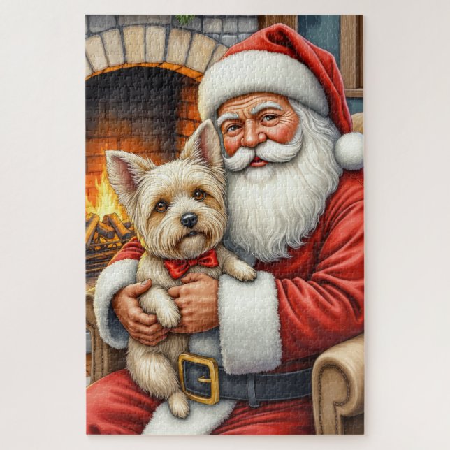 Quebra-cabeça Santa Claus Holding Cairn Terrier Christmas Art (Vertical)