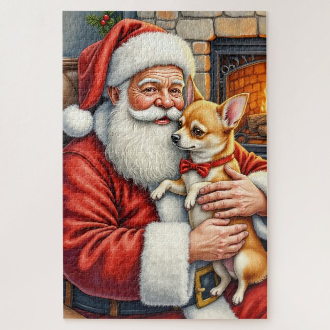 Quebra-cabeça Santa Claus Holding Chihuahua Christmas Art (Vertical)
