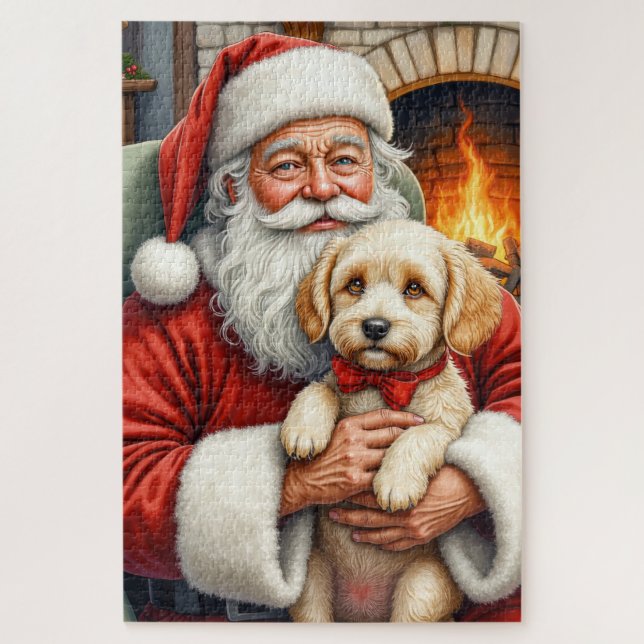Quebra-cabeça Santa Claus Holding Cockapoo Christmas Art (Vertical)