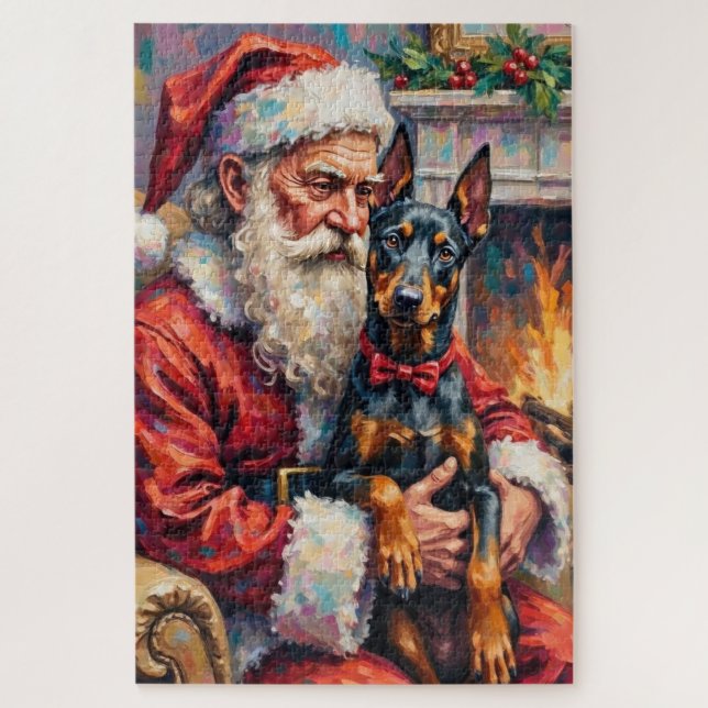 Quebra-cabeça Santa Claus Holding Doberman Christmas Art (Vertical)
