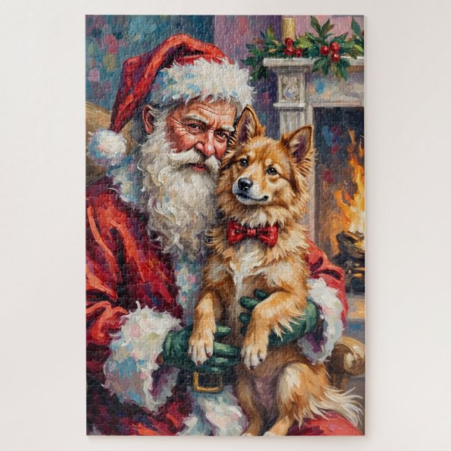 Quebra-cabeça Santa Claus Holding Finnish Lapphund Christmas Art (Vertical)