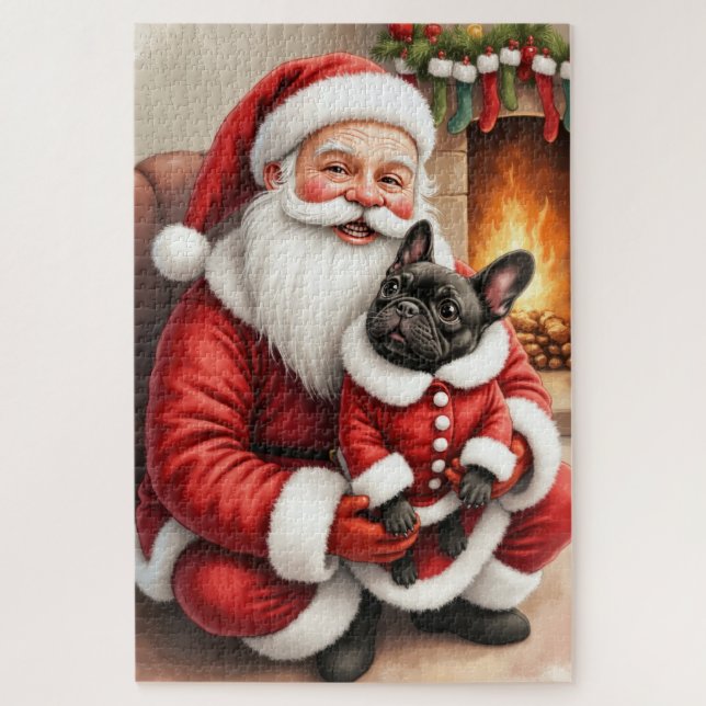 Quebra-cabeça Santa Claus Holding French Bulldog Christmas Art (Vertical)