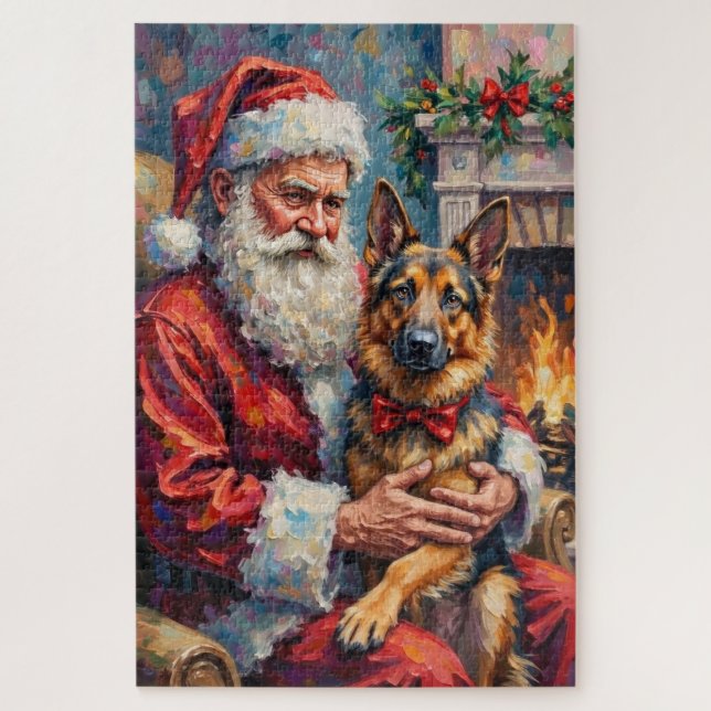 Quebra-cabeça Santa Claus Holding German Shepherd Christmas Art (Vertical)