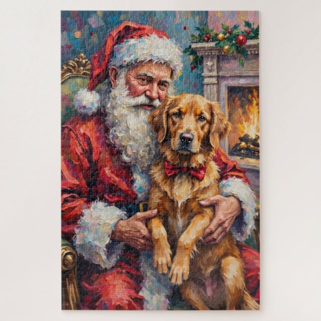 Quebra-cabeça Santa Claus Holding Golden Retriever Christmas Art (Vertical)
