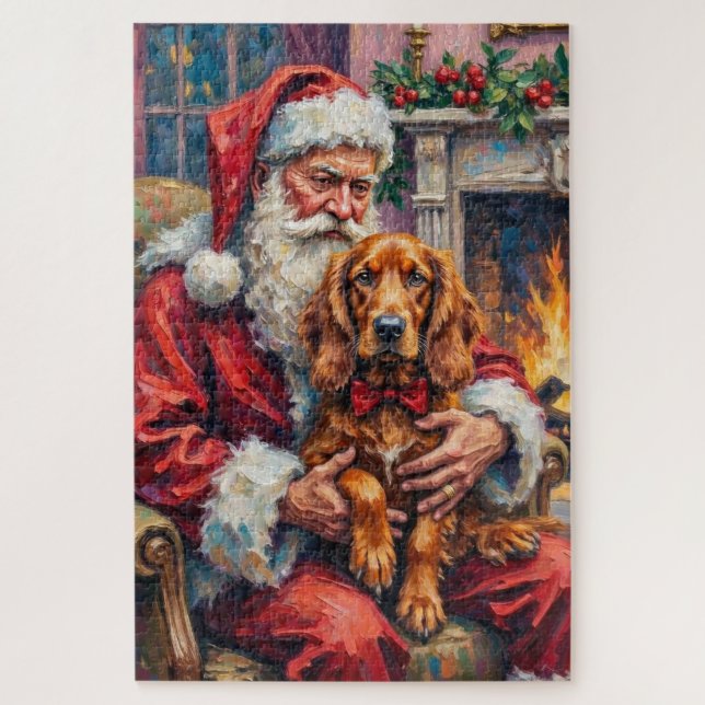 Quebra-cabeça Santa Claus Holding Irish Red Setter Christmas Art (Vertical)