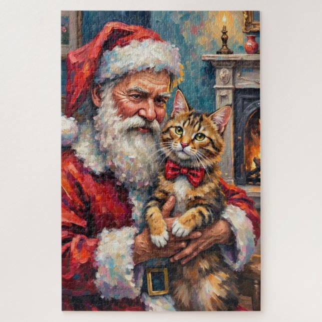 Quebra-cabeça Santa Claus Holding Maine Coon Cat Christmas Art (Vertical)