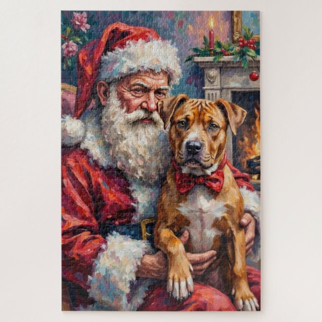 Quebra-cabeça Santa Claus Holding Pitbull Christmas Art (Vertical)