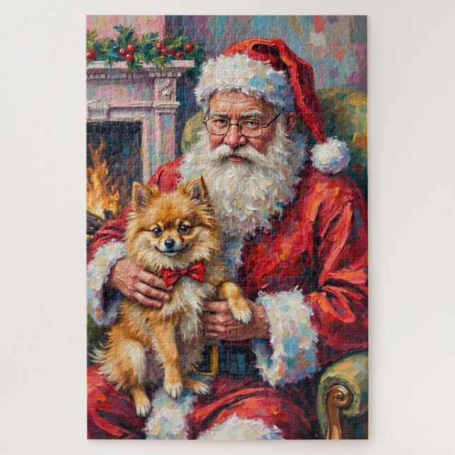 Quebra-cabeça Santa Claus Holding Pomeranian Christmas Art (Vertical)