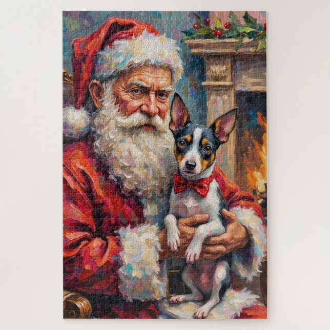 Quebra-cabeça Santa Claus Holding Rat Terrier Christmas Art (Vertical)