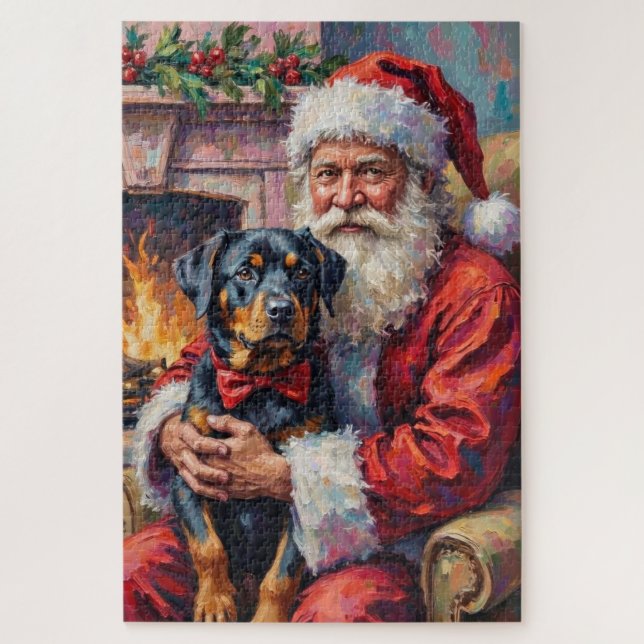 Quebra-cabeça Santa Claus Holding Rottweiler Christmas Art (Vertical)