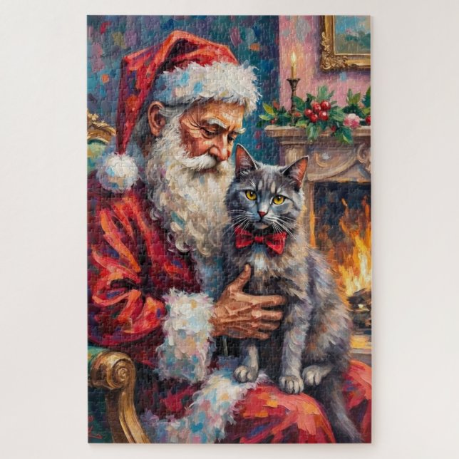 Quebra-cabeça Santa Claus Holding Russian Blue Cat Christmas Art (Vertical)