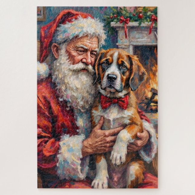 Quebra-cabeça Santa Claus Holding Saint Bernard Christmas Art (Vertical)