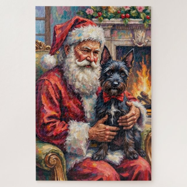 Quebra-cabeça Santa Claus Holding Scottish Terrier Christmas Art (Vertical)