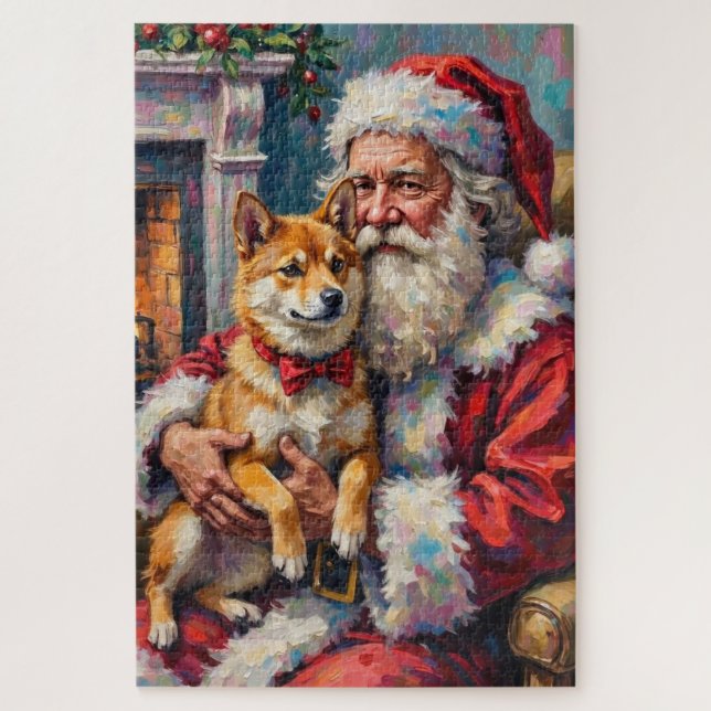 Quebra-cabeça Santa Claus Holding Shiba Inu Christmas Art (Vertical)