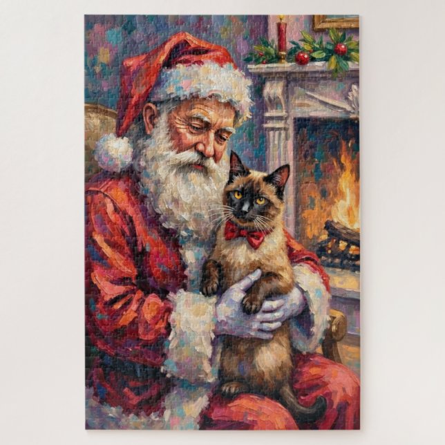 Quebra-cabeça Santa Claus Holding Siamese Cat Christmas Art (Vertical)