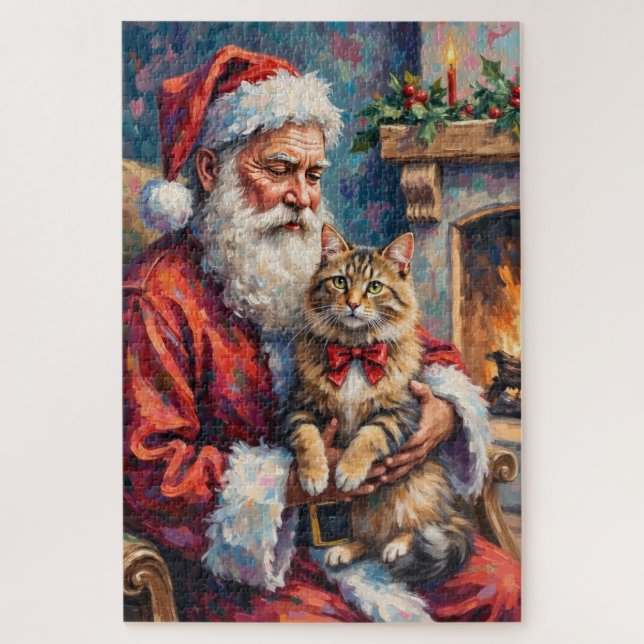 Quebra-cabeça Santa Claus Holding Siberian Cat Christmas Art (Vertical)