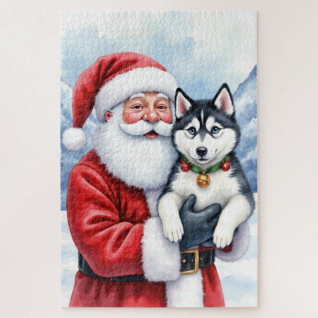 Quebra-cabeça Santa Claus Holding Siberian Husky Christmas Art (Vertical)