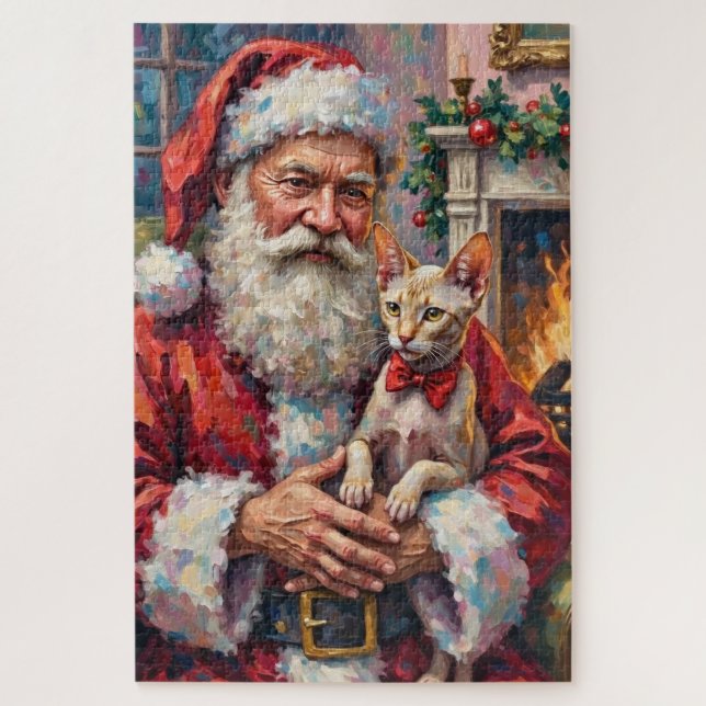 Quebra-cabeça Santa Claus Holding Sphynx Cat Christmas Art (Vertical)