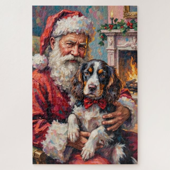 Quebra-cabeça Santa Claus Holding Springer Spaniel Christmas Art (Vertical)