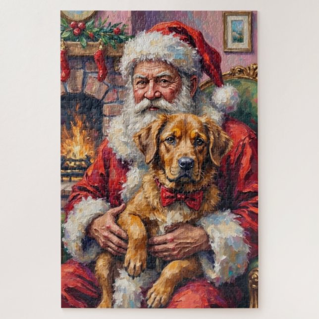Quebra-cabeça Santa Claus Holding Tibetan Mastiff Christmas Art (Vertical)