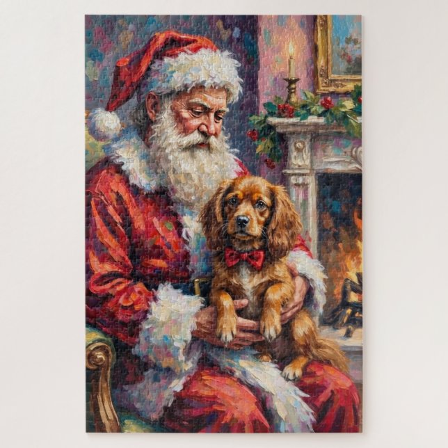 Quebra-cabeça Santa Claus Holding Tibetan Spaniel Christmas Art (Vertical)