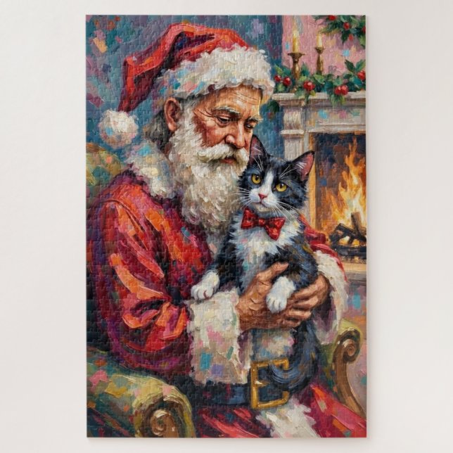 Quebra-cabeça Santa Claus Holding Tuxedo Cat Christmas Art (Vertical)