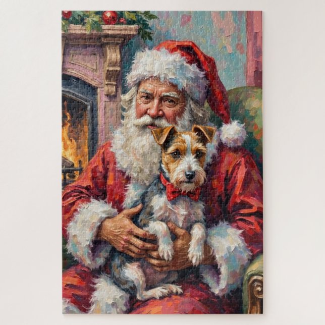 Quebra-cabeça Santa Claus Holding Wirefox Terrier Christmas Art (Vertical)