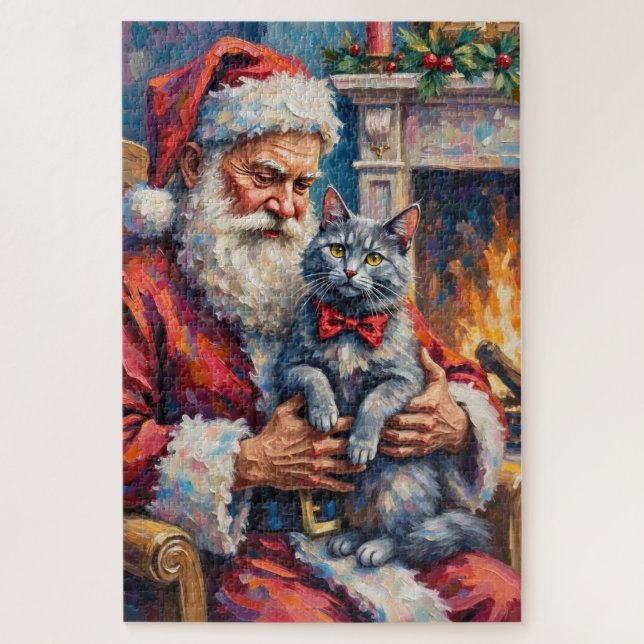 Quebra-cabeça Santa Claus Oriental Blue Cat Christmas Art (Vertical)