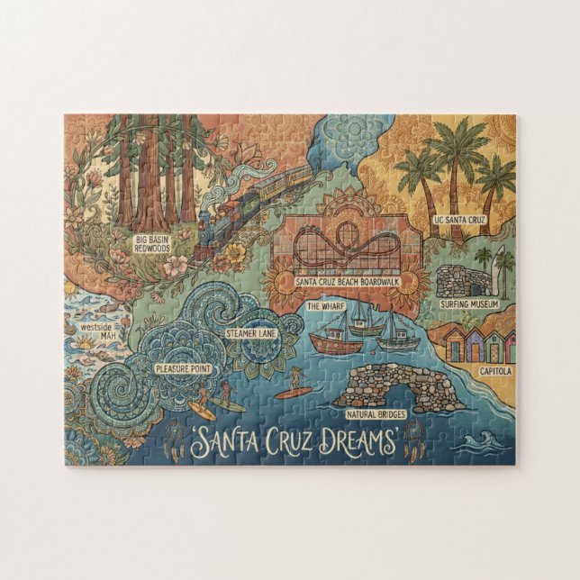 Quebra-cabeça Santa Cruz California Dreams Map – Vibrant Coast (Horizontal)