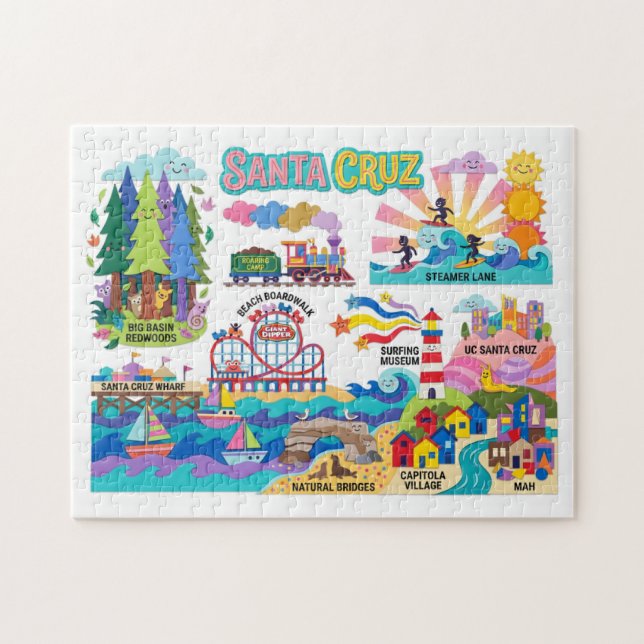 Quebra-cabeça Santa Cruz Illustrated Map Boardwalk Beach Surfing (Horizontal)