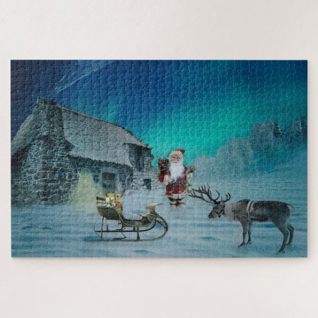 Quebra-cabeça Santa with Reindeer Aurora Borealis Holiday Puzzle (Horizontal)