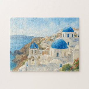 Quebra-cabeça Santorini Grécia Aquarela Arte da Igreja da Cúpula
