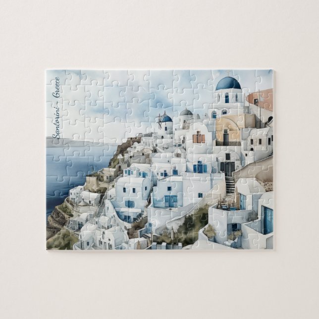 Quebra-cabeça Santorini Grécia Watercolor (Horizontal)