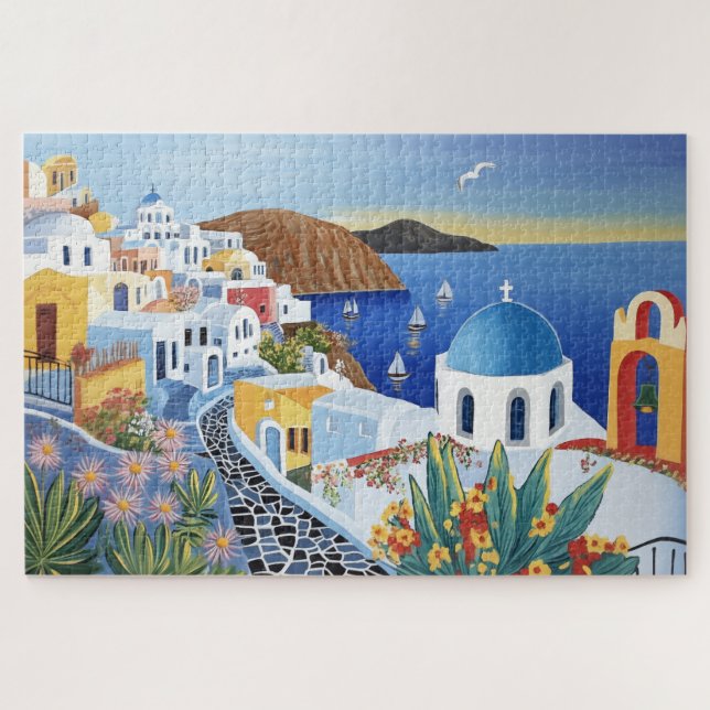 Quebra-cabeça Santorini Greece Vibrant Watercolor Painting (Horizontal)