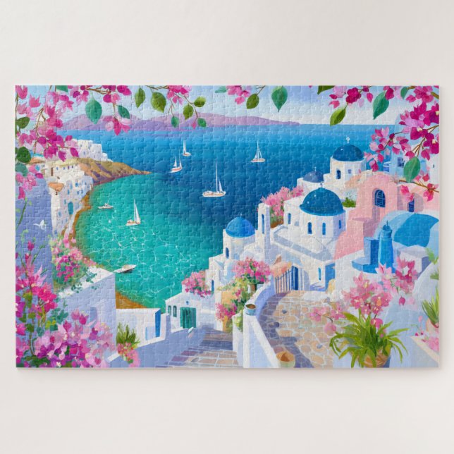 Quebra-cabeça Santorini Island Greece Watercolor Painting (Horizontal)