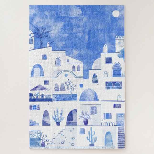 Quebra-cabeça Santorini Oia Ilha Grega Watercolor (Vertical)