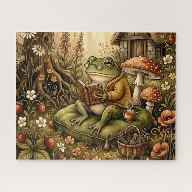 Quebra-cabeça Sapo de Leitura de Jardim Aconchegante Fofo (Horizontal)