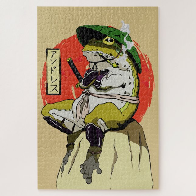 Quebra-cabeça Sapo Samurai com Estética de Sol Vermelho (Vertical)
