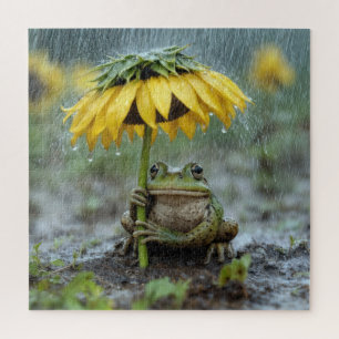 Quebra-cabeça Sapo sob um guarda-chuva de girassol na chuva