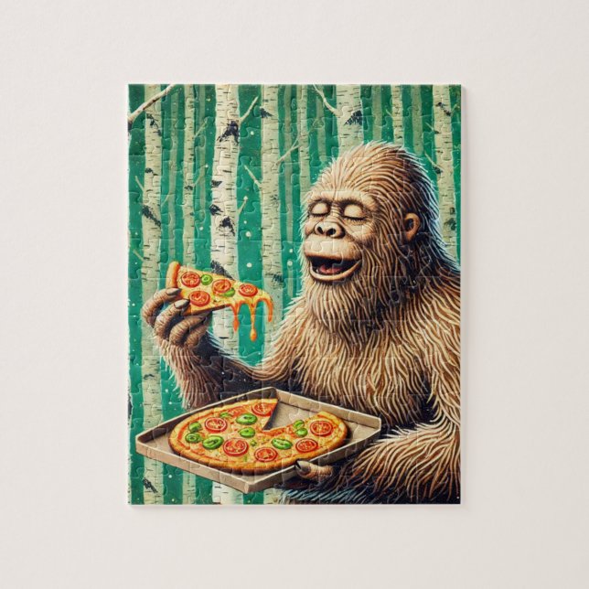 Quebra-cabeça Sasquatch e Pizza em uma Floresta de Árvore Birch (Vertical)