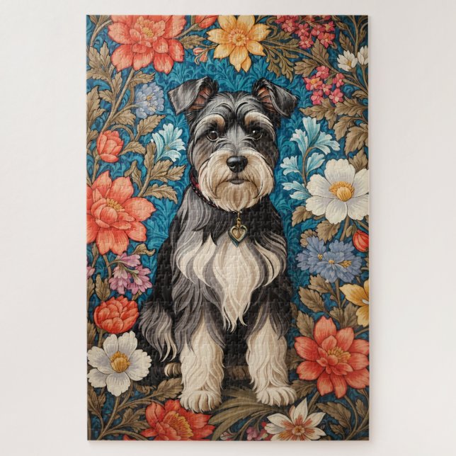 Quebra-cabeça Schnauzer Alegre Inspirado em Florais de William M (Vertical)