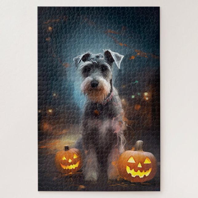 Quebra-cabeça Schnauzer de Halloween com Abóboras Assustadoras (Vertical)