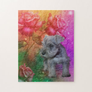 Quebra-cabeça Schnauzer Puppy Fantasy Rosas Dog Art