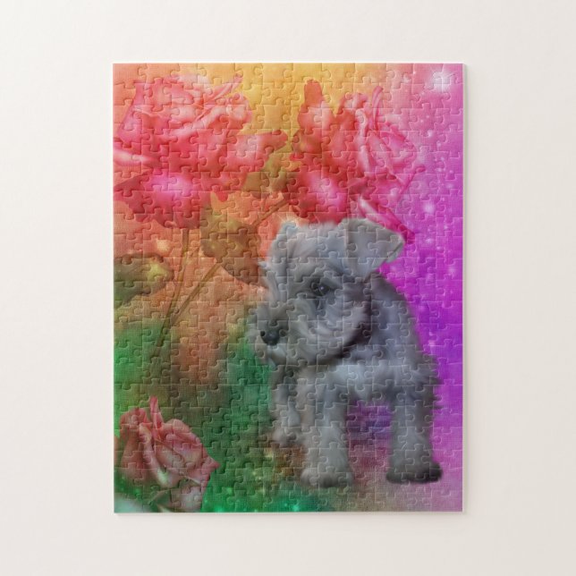 Quebra-cabeça Schnauzer Puppy Fantasy Rosas Dog Art (Vertical)