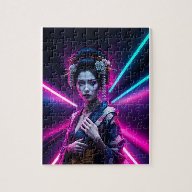 Quebra-cabeça Schöne Geisha Puzzle mit Neon Hintergrund – Elegan (Vertical)
