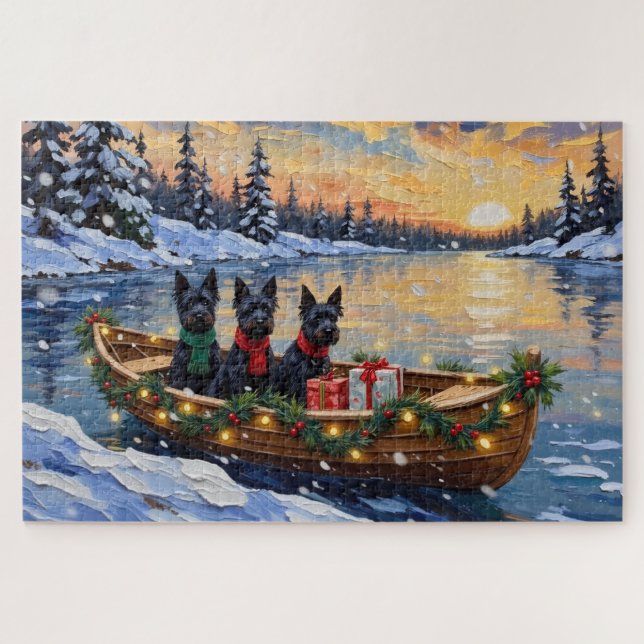 Quebra-cabeça Scottish Terrier Christmas Boat Holiday (Horizontal)